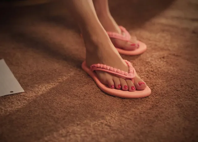 Shakira a close-up of pink flip-flops on a textured floor.