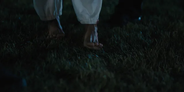 Zoe Saldaña walking in grass in a dimly lit screen scene.