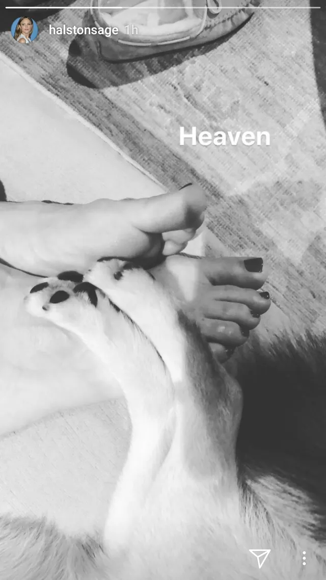 Halston Sage shown in a monochrome close-up of a bare foot beside a dog.