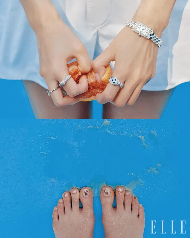 Jisoo showing decorated toenails in a two-panel magazine photograph.