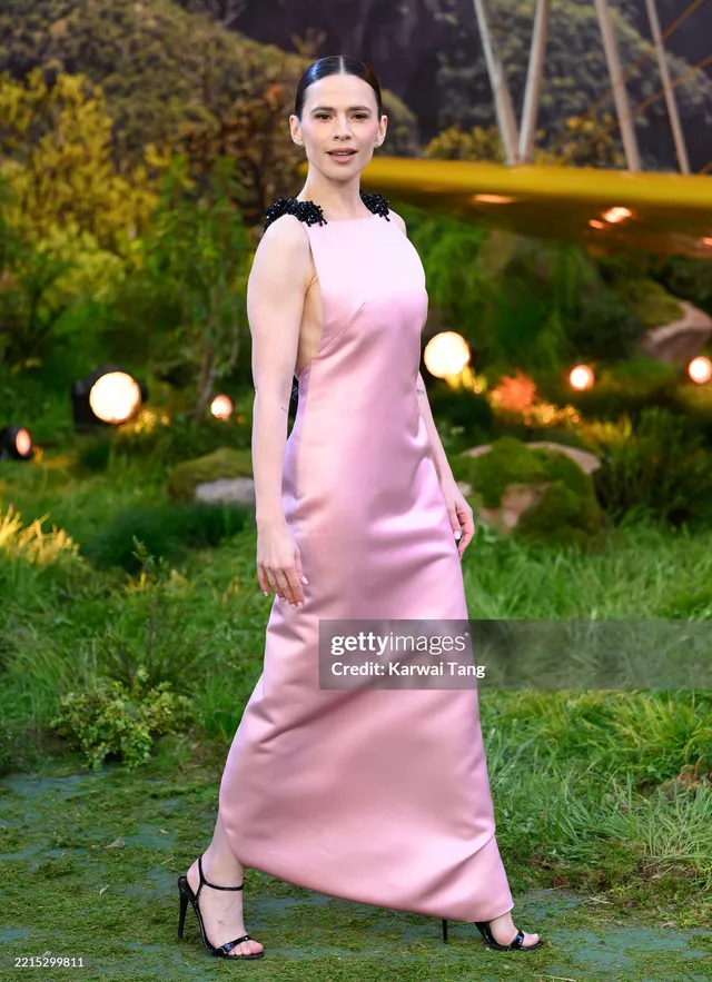 Hayley Atwell standing outdoors in a pink evening gown.