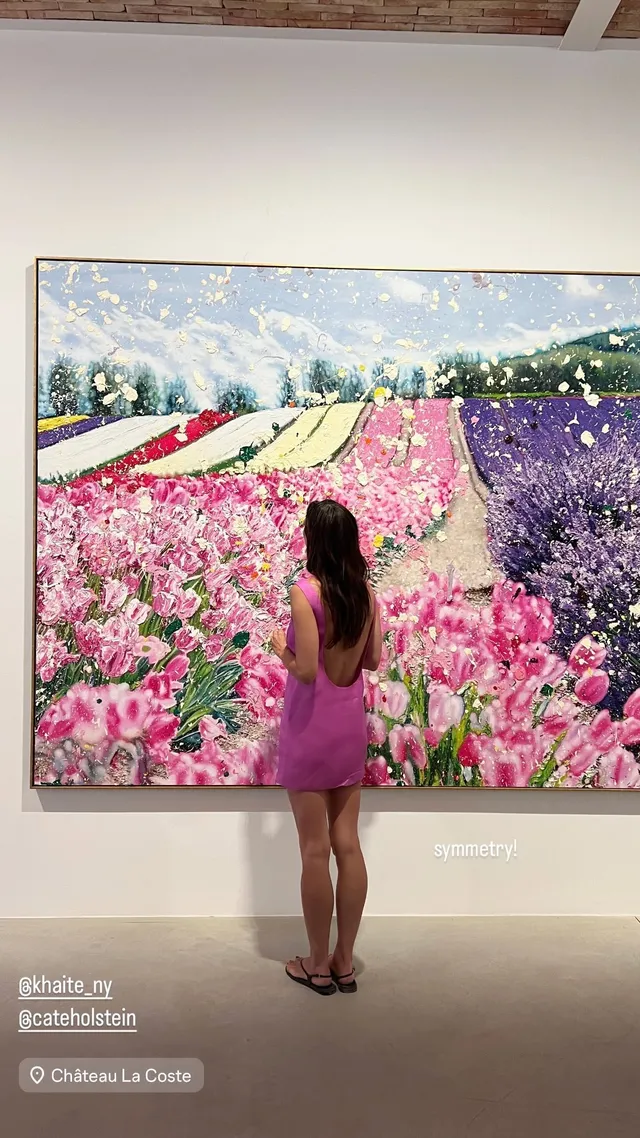 Phoebe Tonkin standing in front of a painting in a short pink outfit.