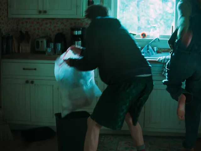 Jennifer Lawrence standing barefoot in a kitchen screen scene.