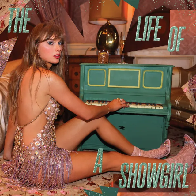 Taylor Swift sitting beside a piano in a patterned dress.