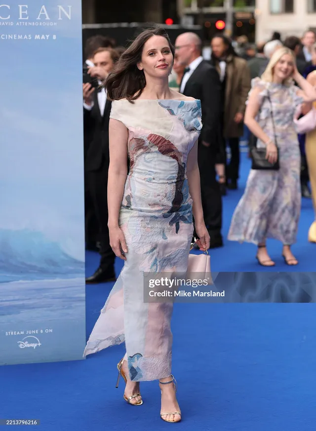 Felicity Jones posing on a blue carpet in a printed dress.