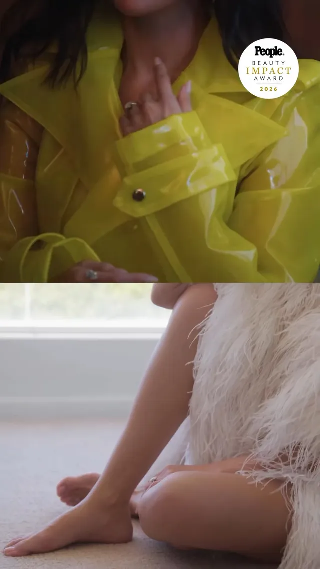 Selena Gomez showing a collage of a yellow bag and bare feet on pale fabric.