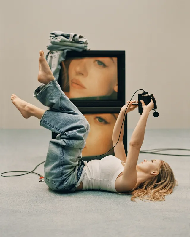 Sydney Sweeney lying barefoot on a studio floor wearing jeans and holding a camera.