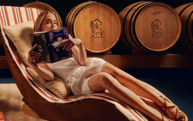 Emilia Clarke reclining on a wooden lounger in strappy heels.
