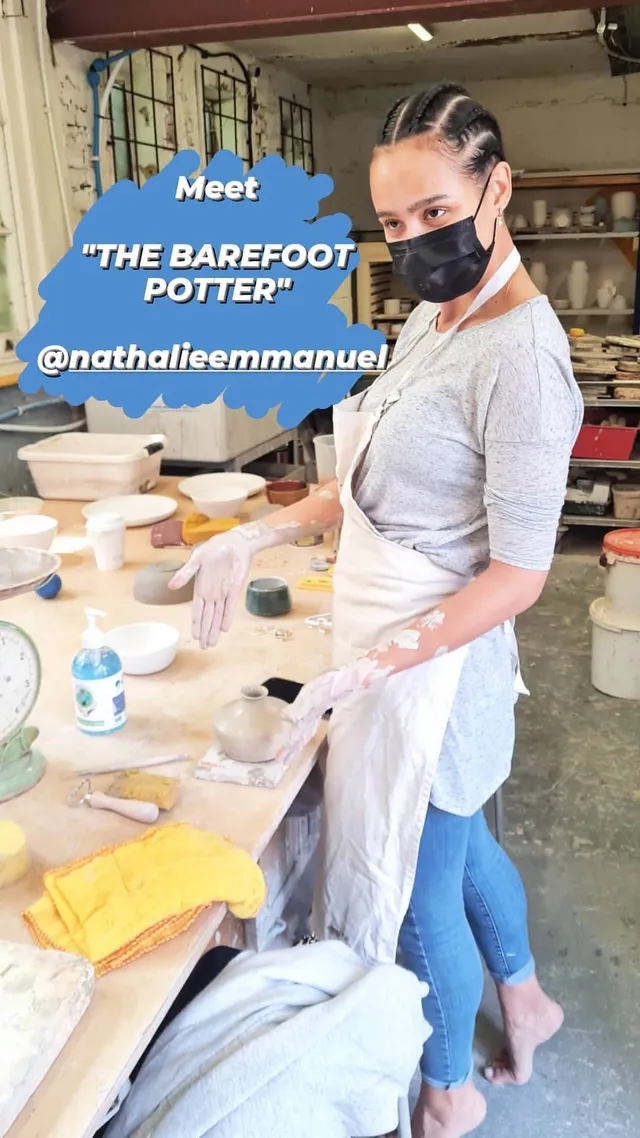 Nathalie Emmanuel working with clay in a pottery studio.