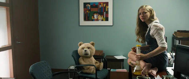 Amanda Seyfried sitting barefoot beside a teddy bear in a screen image.