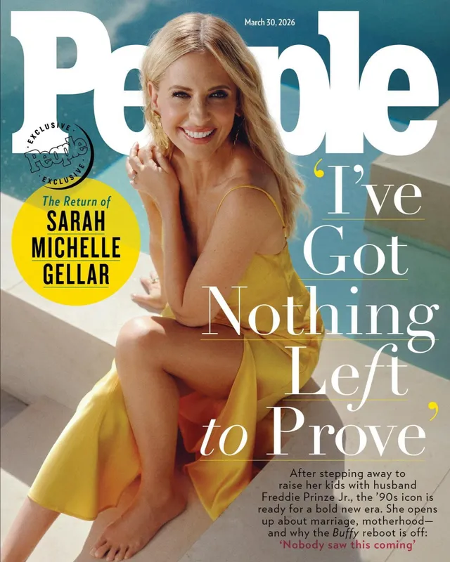Sarah Michelle Gellar sitting barefoot in a yellow dress in a magazine photograph.