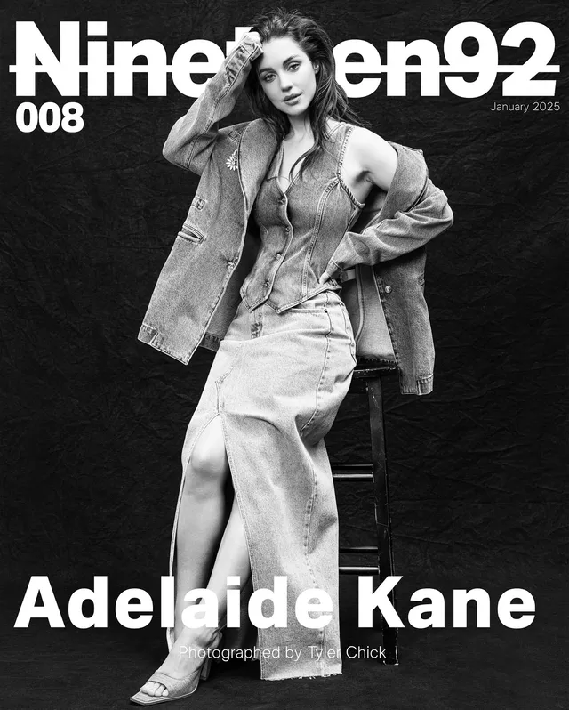 Adelaide Kane posing for a black-and-white magazine cover.