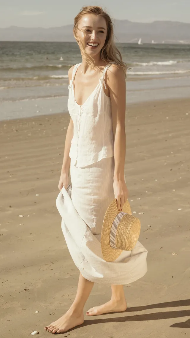 Phoebe Dynevor walking on a sandy beach in a white dress.