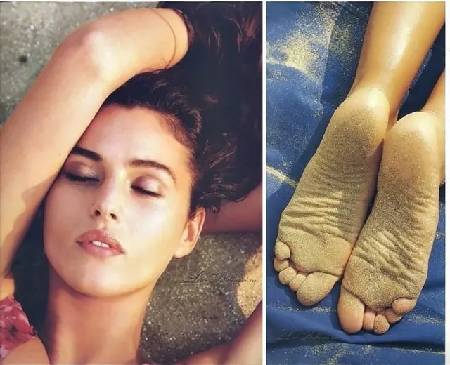 Monica Bellucci a split portrait with sock covered soles raised beside her face.