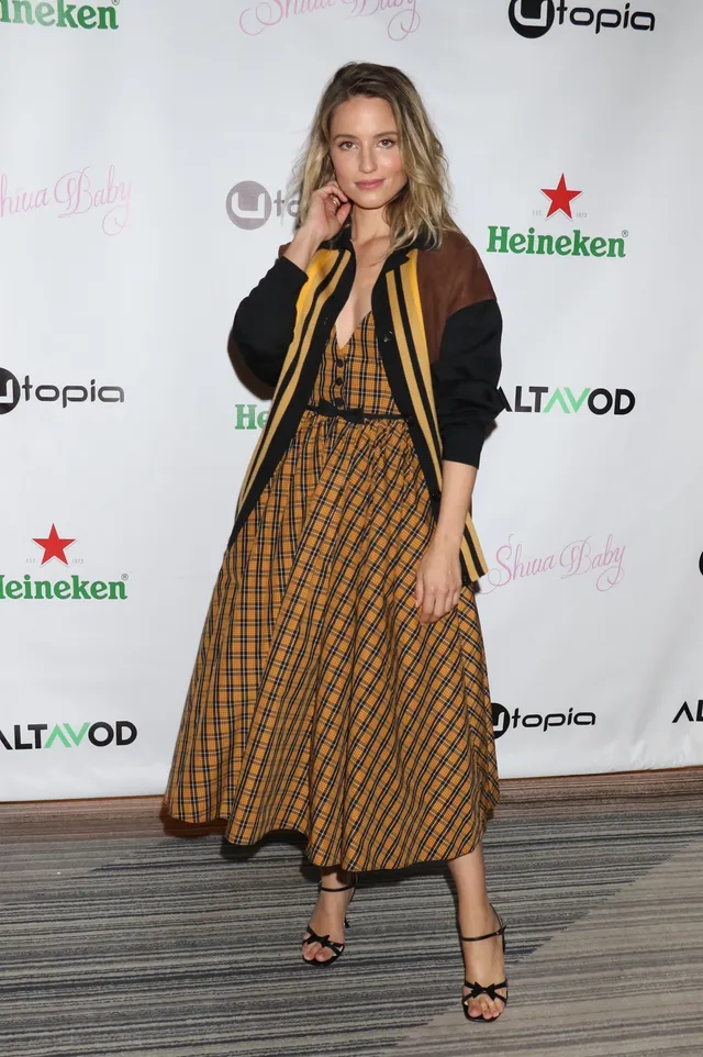 Dianna Agron posing at a film event in a checked dress and heels.