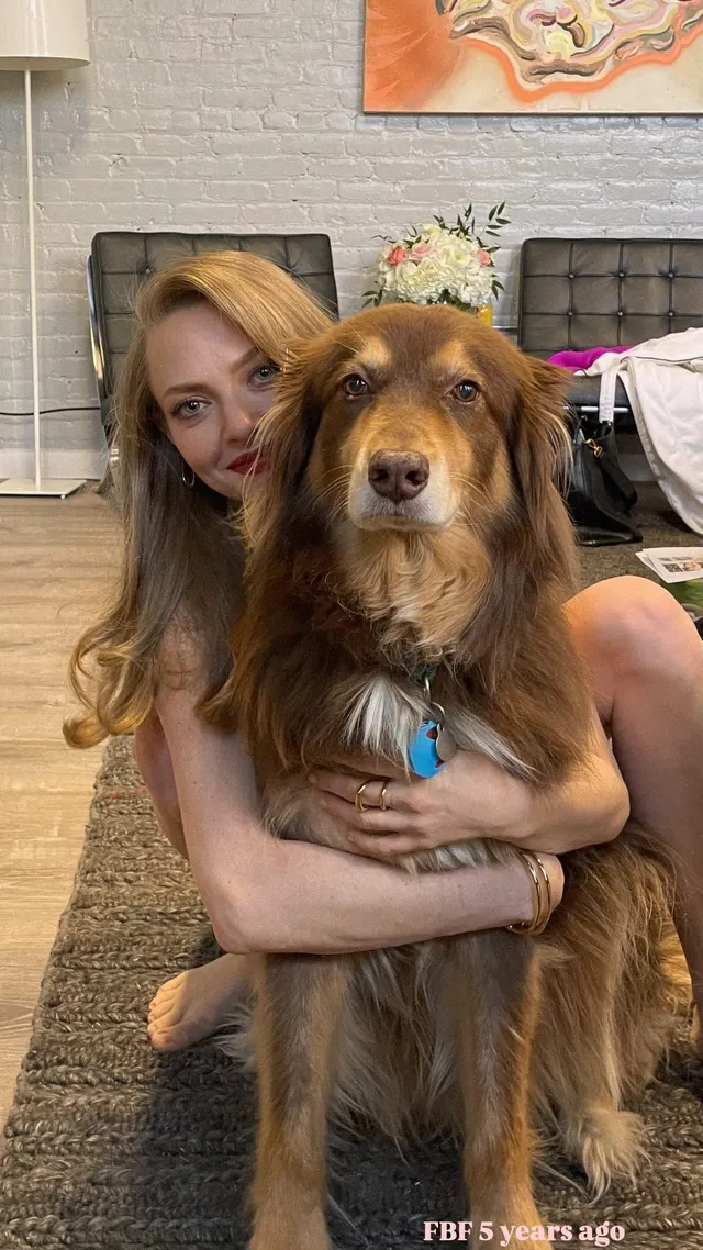 Amanda Seyfried sitting barefoot on a floor while hugging a dog.