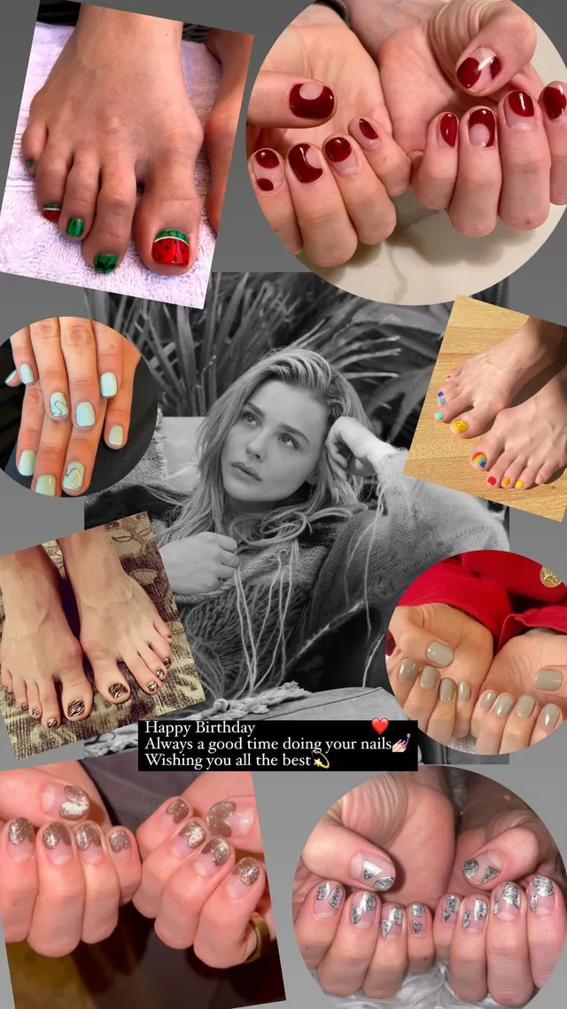 Chloë Grace Moretz appearing in a collage of painted toenails and a portrait.