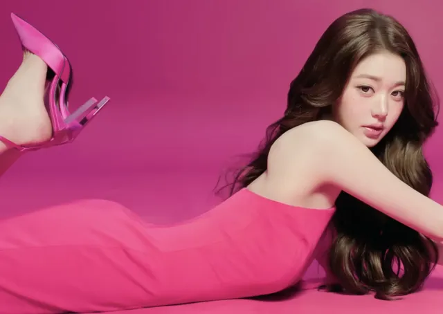 Jang Wonyoung reclining in a pink outfit and pink heels.