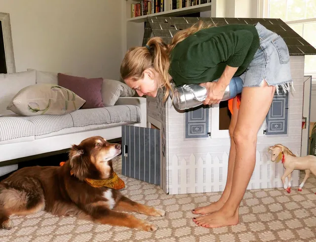 Amanda Seyfried standing barefoot in a kitchen while holding a cat beside a dog.
