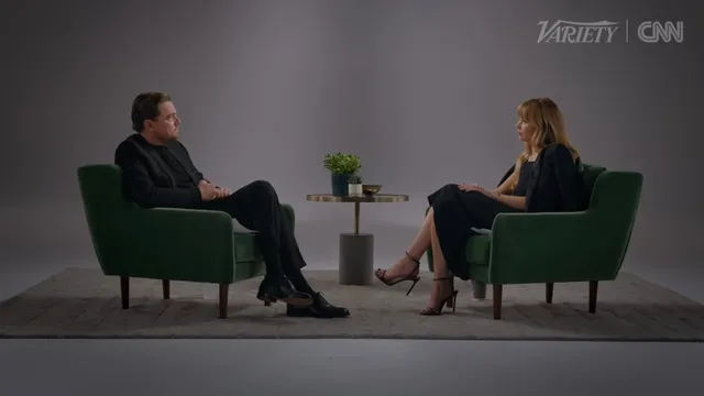 Jennifer Lawrence sitting during a filmed conversation.