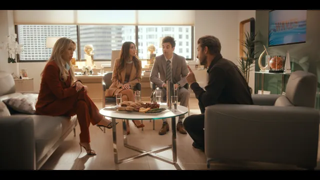 Kate Hudson sitting with guests around a table in a screen scene.