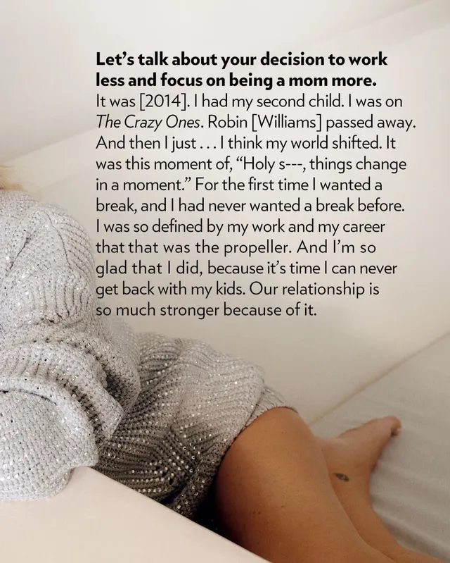 Sarah Michelle Gellar resting bare feet beneath a knitted outfit in a magazine photograph.