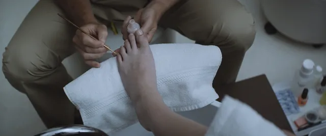 Anya Taylor-Joy a close view of her bare foot during a pedicure.