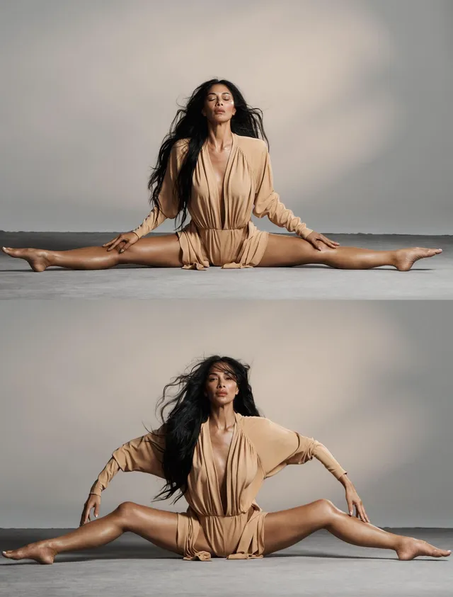 Nicole Scherzinger stretching barefoot in a tan outfit in a studio photograph.