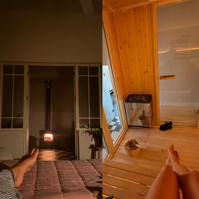 Rita Ora relaxing with bare feet in a sauna.