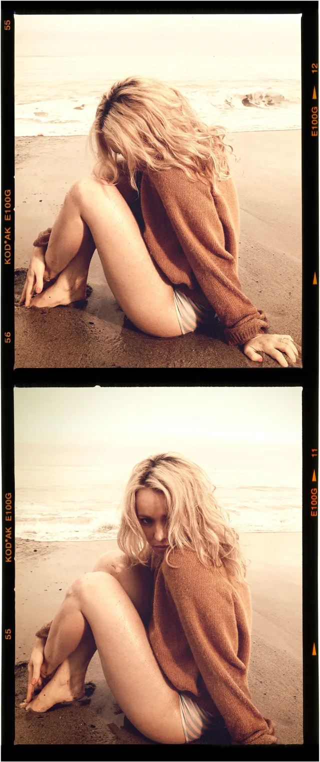 Rachel McAdams posing barefoot on a beach in a portrait diptych.