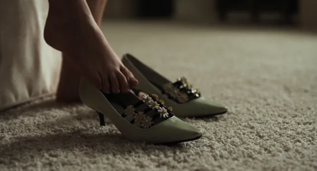 Cailee Spaeny stepping into pale embellished heeled shoes.
