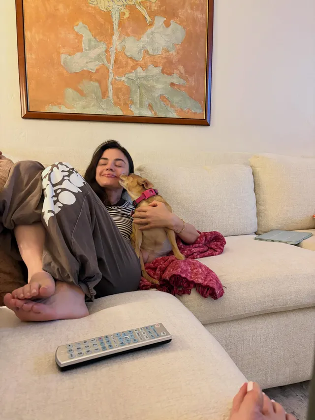 Lucy Hale relaxing on a sofa with her dog.