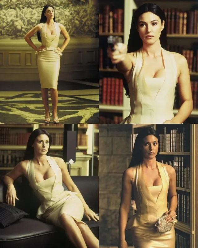 Monica Bellucci a montage of screen portraits in a cream outfit.