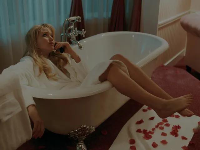 Jennifer Lawrence resting bare feet over the edge of a bathtub.