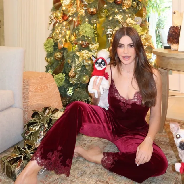 Sofía Vergara sitting barefoot beside a decorated Christmas tree.