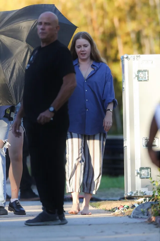 Amy Adams standing beside a companion in striped trousers.