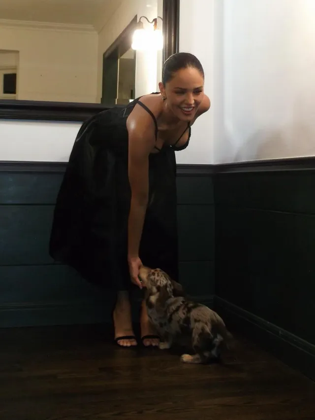 Eiza González crouching beside a cat wearing a black dress and heels.