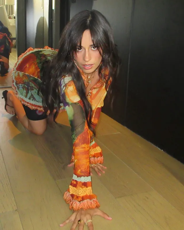 Camila Cabello crouching in a colorful outfit and heels.