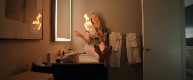 Amanda Seyfried sitting with bare feet raised on a bathroom counter.