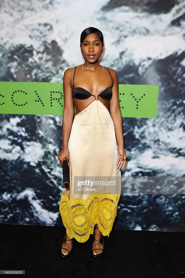 Carlacia Grant wearing a cream and yellow dress and black heels at an event.