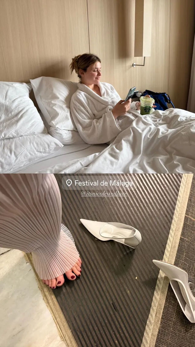 Nicole Wallace shown in a collage sitting on a bed and standing barefoot beside white heels.