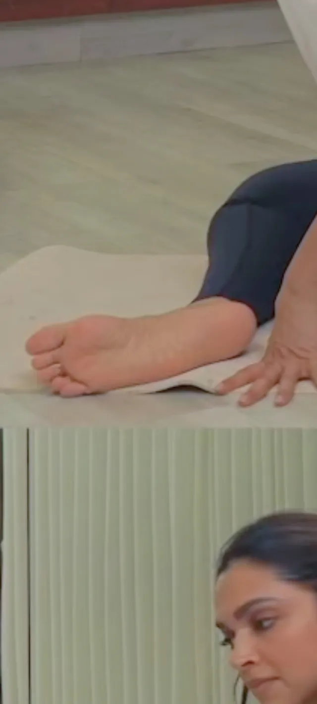 Deepika Padukone showing her bare foot in a two-panel screen capture.