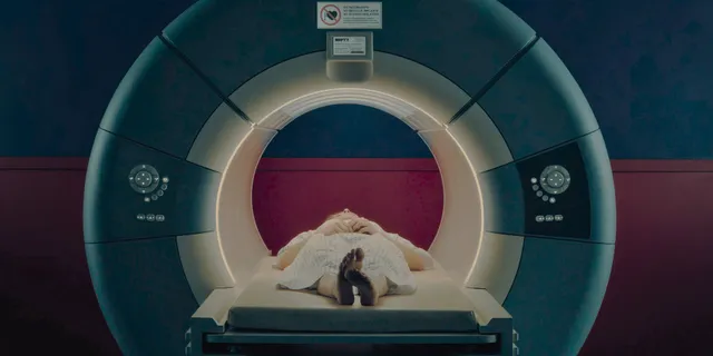Chloë Grace Moretz lying with bare feet extended in a medical scanner in a screen image.