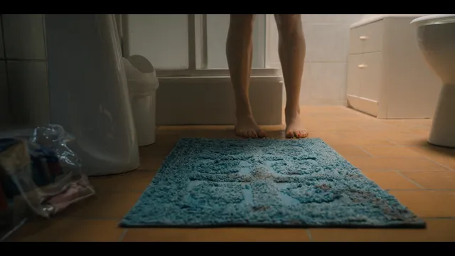 Grace Van Patten shown standing barefoot beside a blue bath mat in a screen capture.