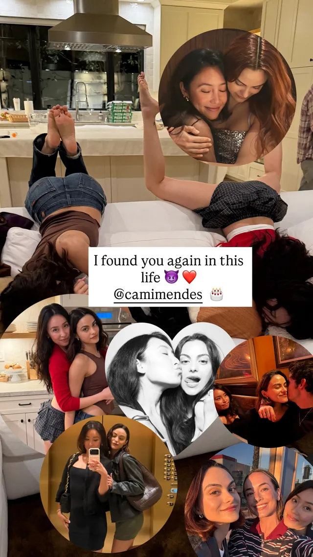 Camila Mendes appearing in a collage of photographs with a friend.