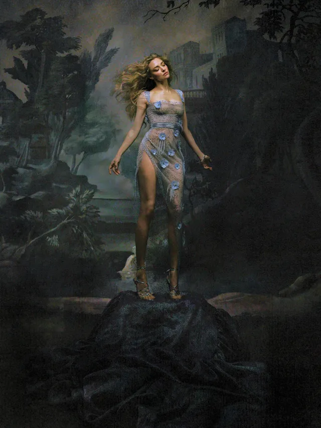 Amanda Seyfried standing barefoot in a painted woodland setting.