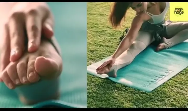 Disha Patani stretching barefoot on an outdoor mat in a two-panel photograph.