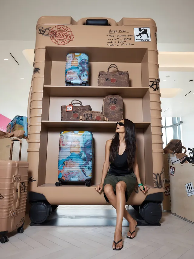Shay Mitchell sitting beside luggage in black flip-flops.