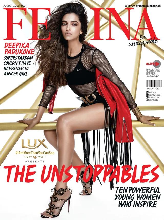 Deepika Padukone wearing lace-up heels on a magazine cover.