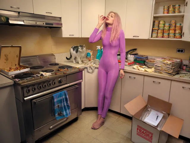 Gigi Hadid standing barefoot in a pink outfit in a kitchen.